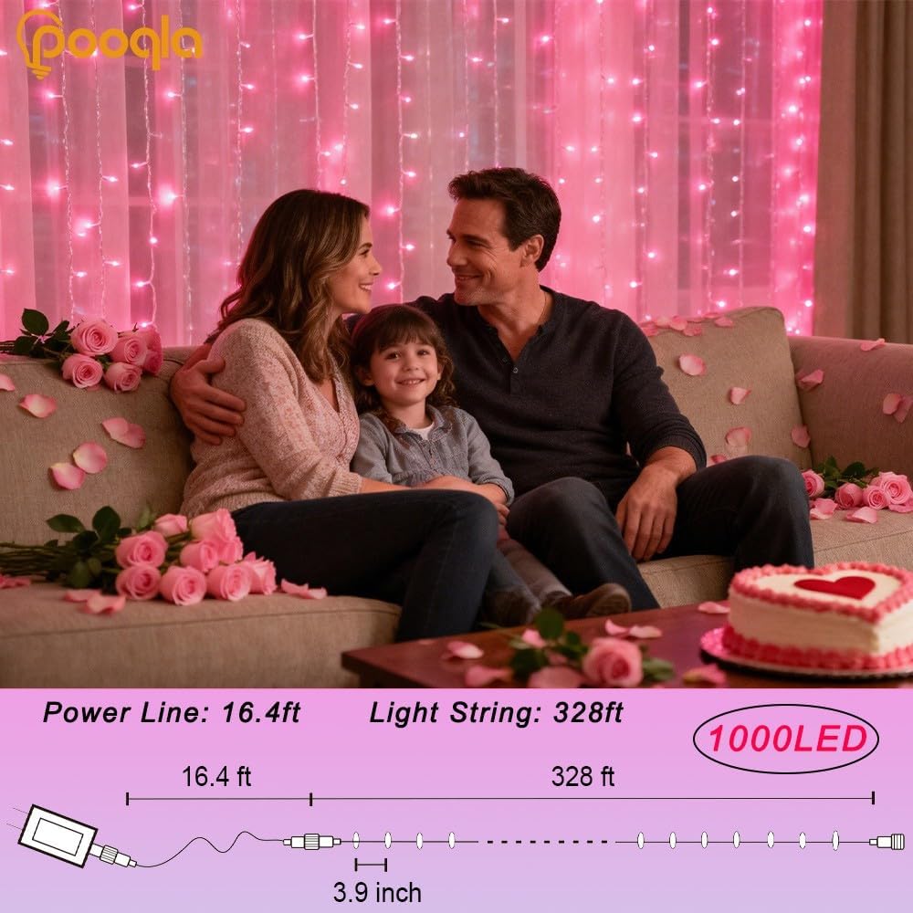 Pooqla 1000 LED Pink Christmas Lights Outdoor String Lights, 328 ft