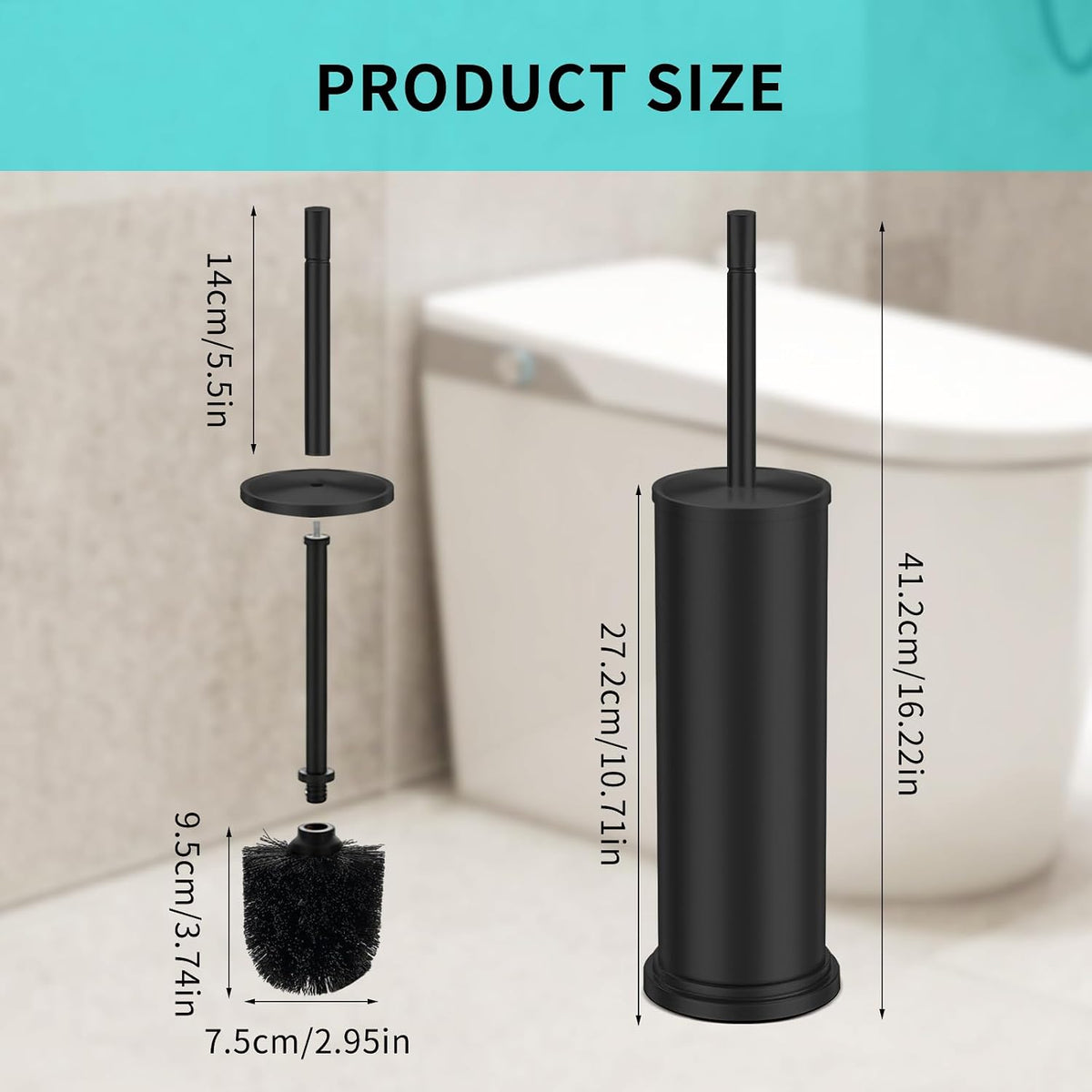 Toilet Brush and Holder Set,304 Stainless Steel Toilet Brush for Bathroom with Long Handle, Heavy Duty Toilet Bowl Brush,Removable Inner Bowl and Splash Protection,Deep Cleaning (Black)