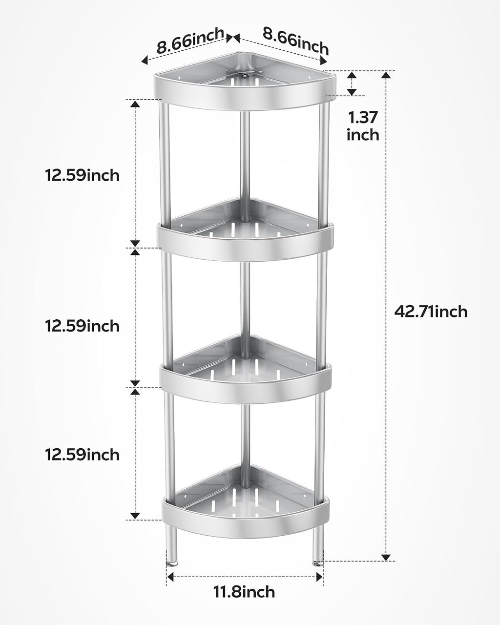 Nieifi 4 Tier Aluminum Corner Shower Caddy Standing Rustproof-Silver