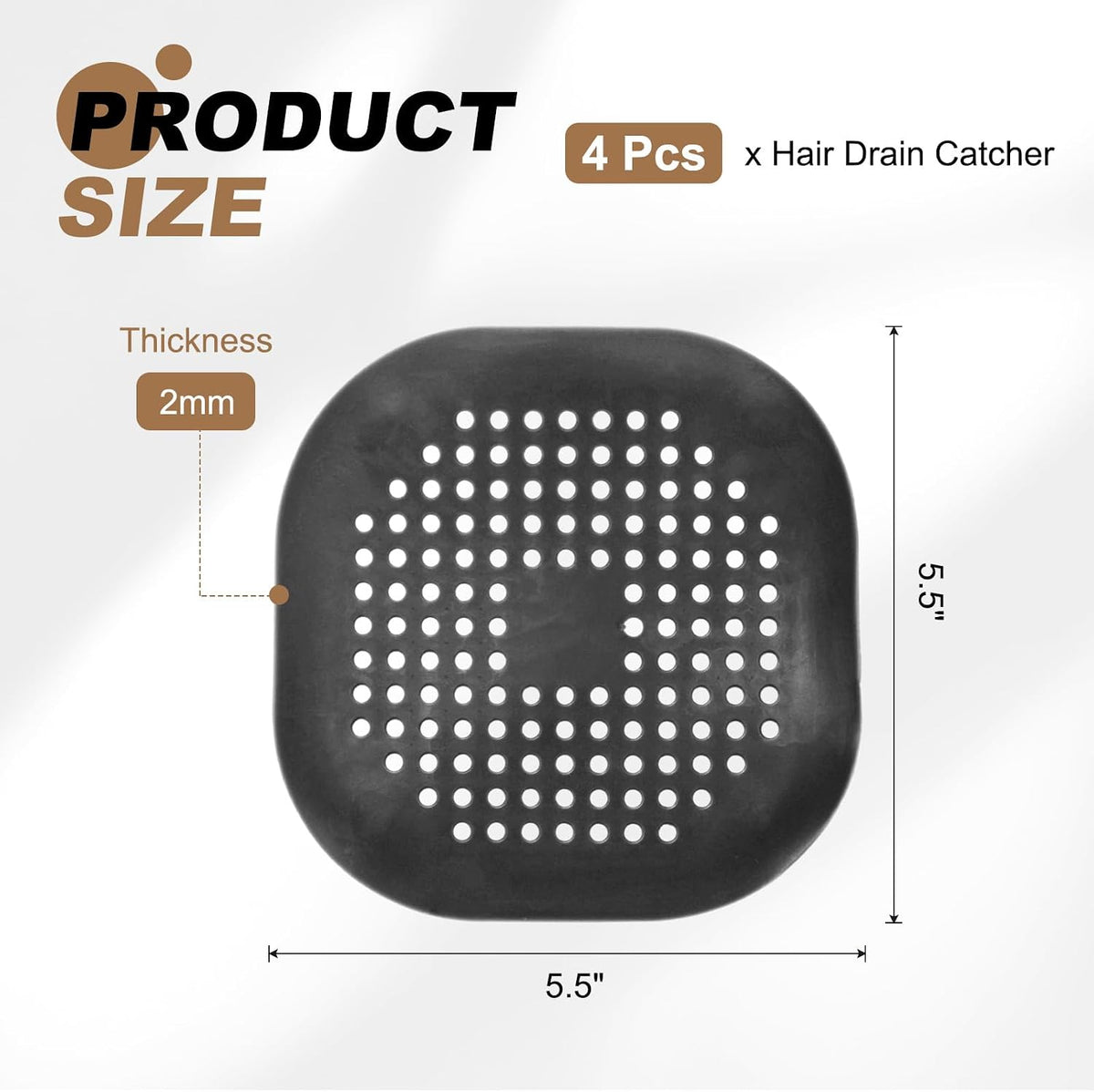 PATIKIL Hair Drain Catcher 5-1/2 Inch, 4 Pcs Silicone Square Drain Protector Hair Stopper with Suction Cup for Kitchen Bathroom Balcony Landscaped Walkways Patios, Black