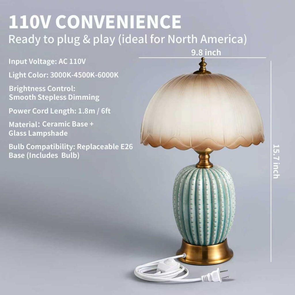 Vintage Green Ceramic Cactus Small Table Lamp for Bedroom