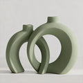 Set of 2 Sage Green Ceramic Vases for Home Decor Accents - Unique Hollow Donut Artistic Design Modern Boho Farmhouse Style Decorative Vases for Shelf, Mantel, Entryway Table Decor (Matte Green)