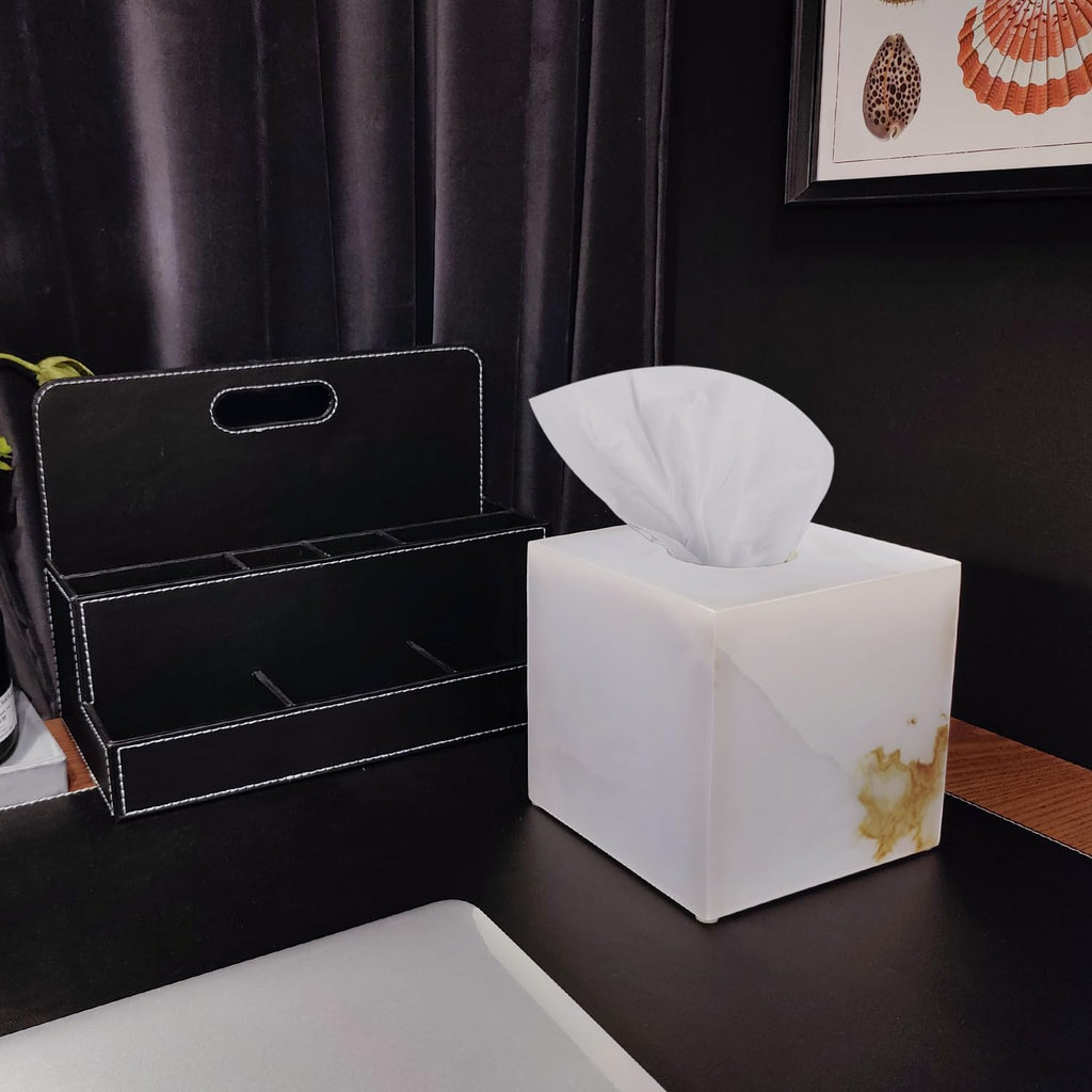 Natural Marble Tissue Box Cover, Exquisite Marble Square Tissue Box Holder, Elegant & Luxurious Decoration for Bathroom,Home & Office (White Jade)