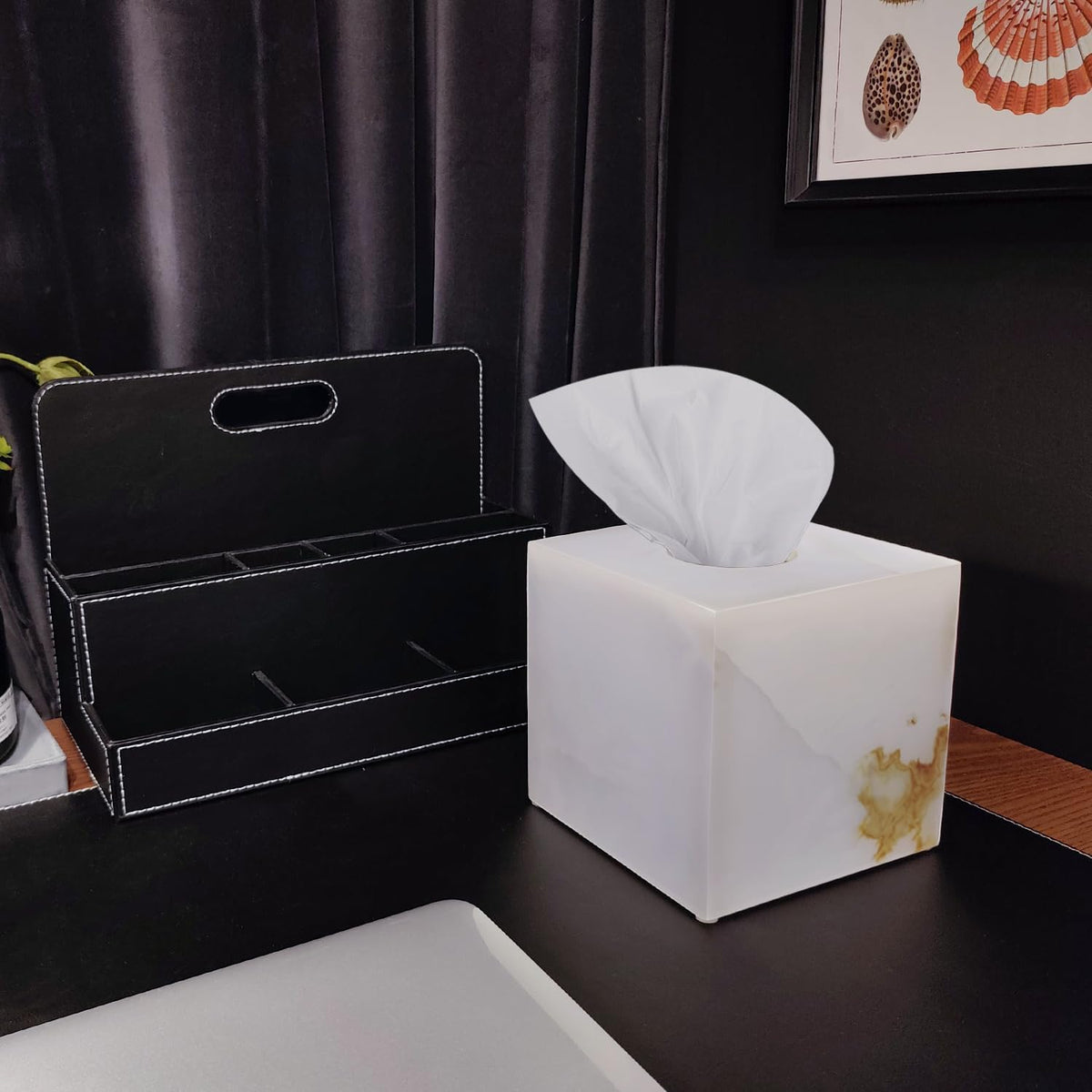Natural Marble Tissue Box Cover, Exquisite Marble Square Tissue Box Holder, Elegant & Luxurious Decoration for Bathroom,Home & Office (White Jade)