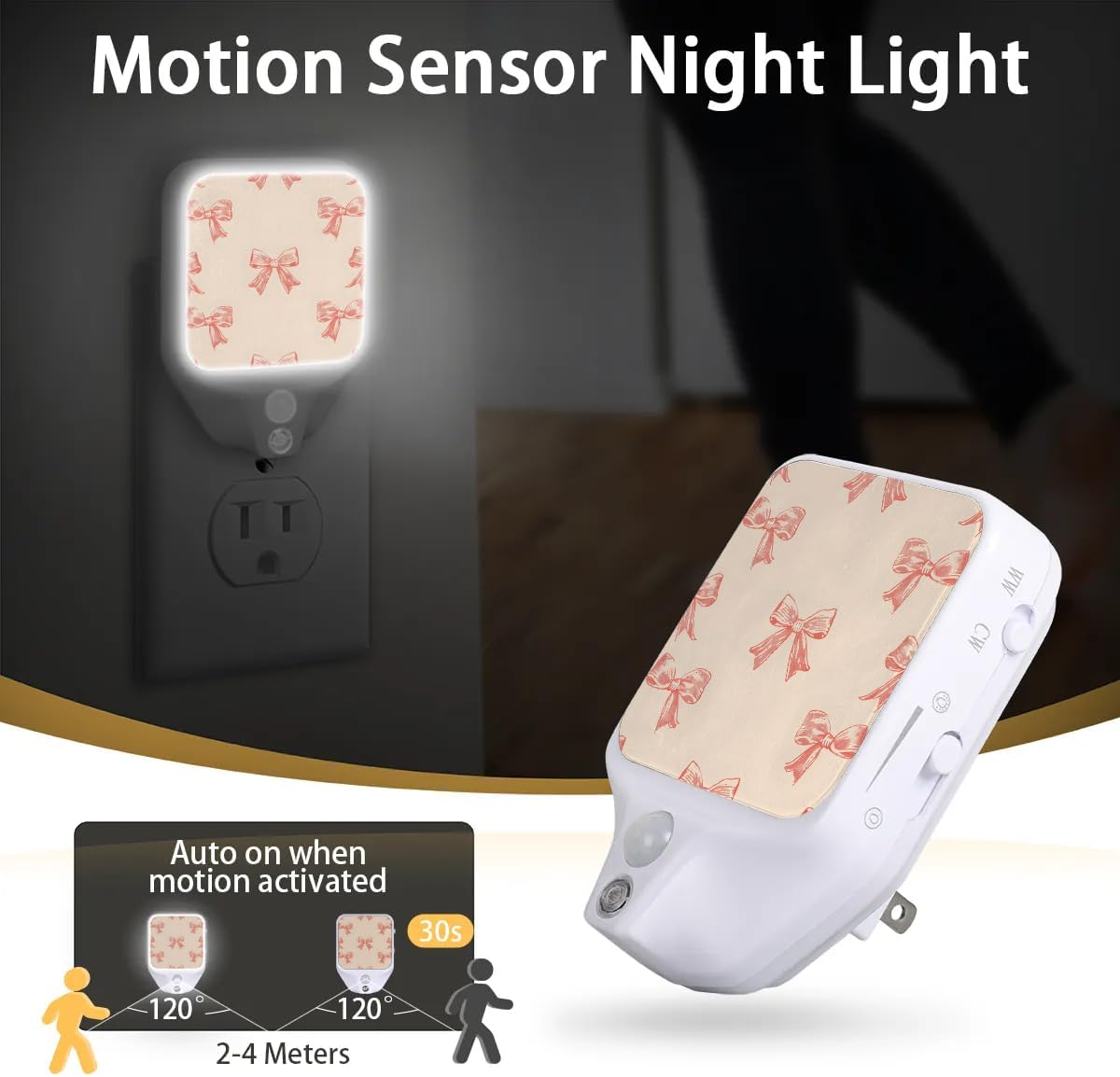 Honeybaby Motion Sensor Night Lights Bow Pink Nightlight Plug in Dusk to Dawn Motion Sensor Light Indoor LED Lights for Room Home Improvement