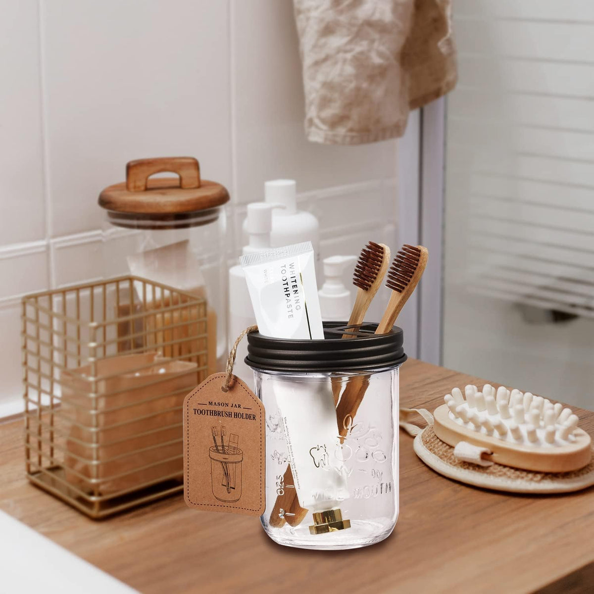 Amolliar Mason Jar Toothbrush Holder, Rustproof Stainless Steel, Bronze