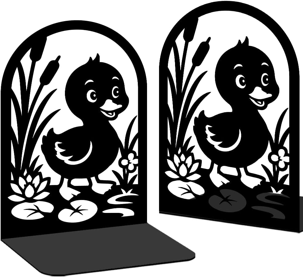 1 Pairs Cute Duck Metal Bookends, Heavy Duty Black Book Support, Creative Books Organiser Stopper for Shelves Bookshelf Office Home Decor, Animal Lovers & Bookworms Gift