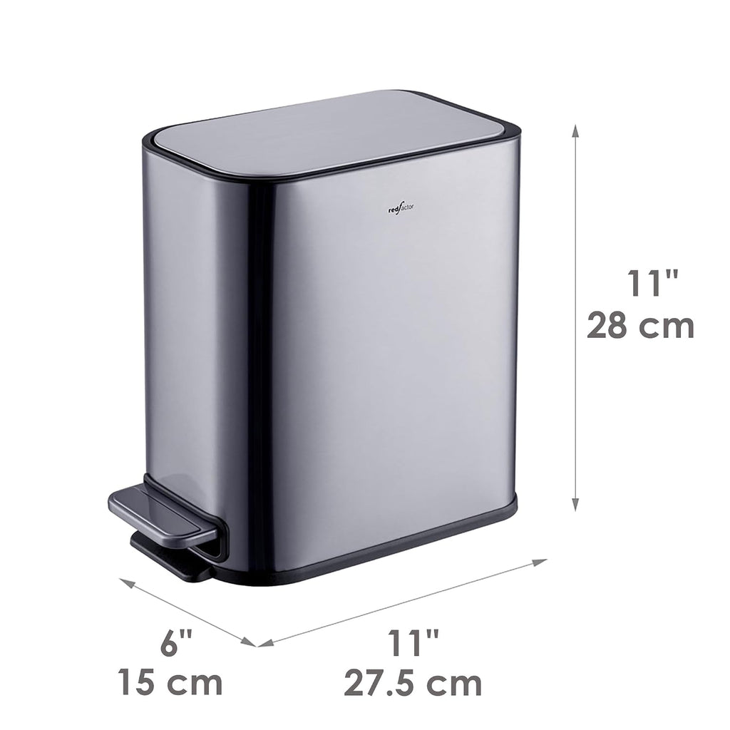RED FACTOR Slim 1.3 Gallon Stainless Steel Pedal Trash Can with Soft Close Lid for Narrow Spaces – Small Wastebasket Bin with Removable Inner Bucket (Metallic Grey)
