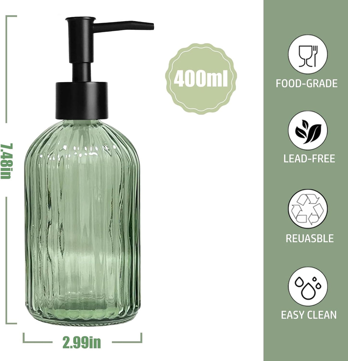 14Oz Green Glass Soap Dispenser with Plastic Pump, for Kitchen, Bathroom