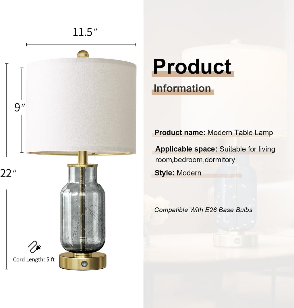 Oneach 22" Glass Table Lamps Set of 2 with LED Nightlight for Bedroom, Gray