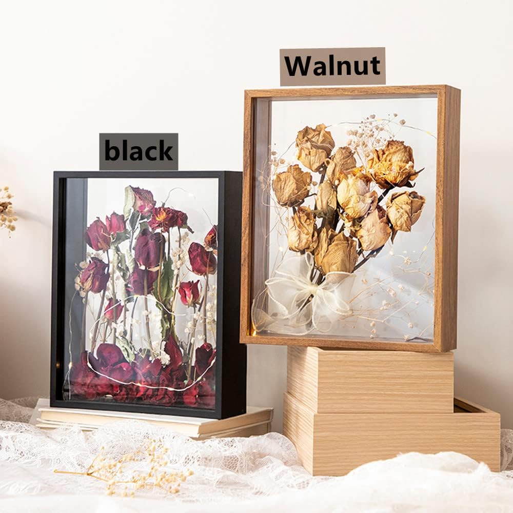Wooden Dried Flower Photo Frame Dried Flower Display Stand Decorative Floating Photo Frame,Double Sided Plexiglass Shadow Box Picture Frame,for Display Dried Flowers,Handicrafts (Walnut color-8x12)