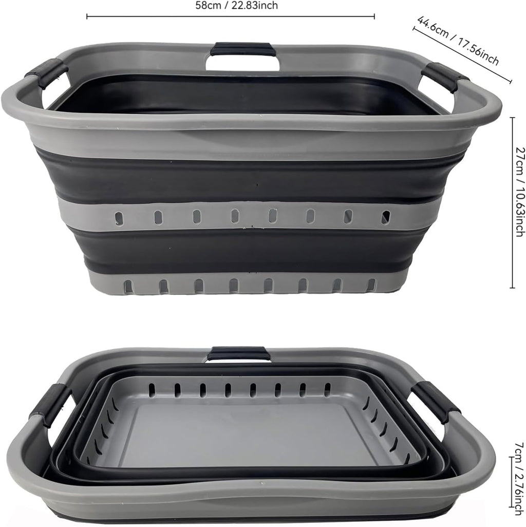 SAMMART 42 (11 Gallons) Collapsible Plastic Laundry Basket, Foldable Pop Up Storage Container/Organizer, Space Saving Hamper, Portable Bin for Dorm Room Bathroom (2, Grey/Black)