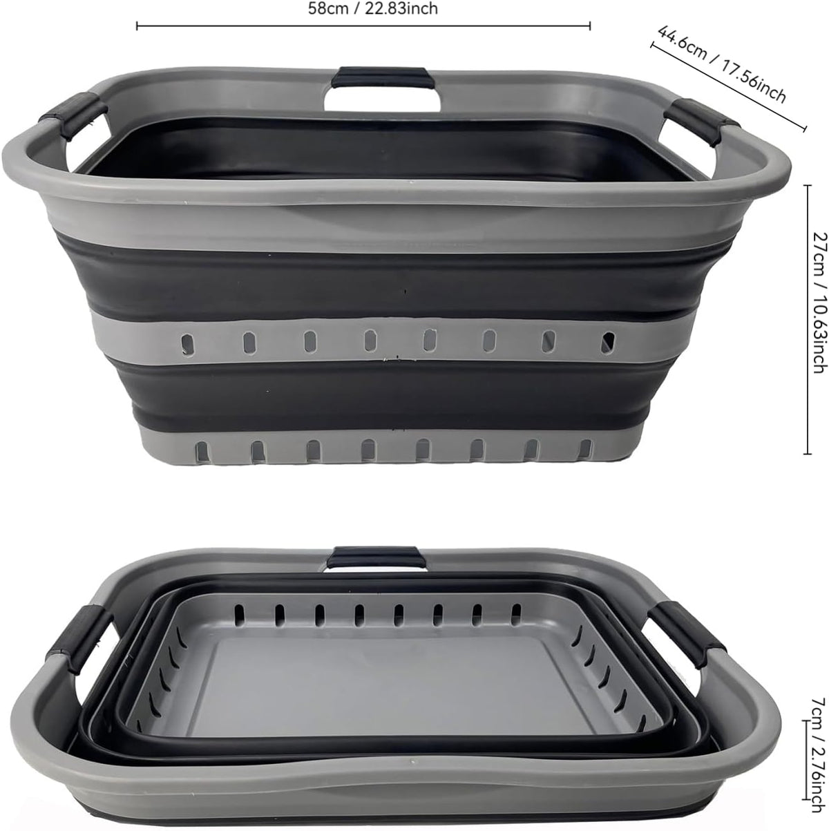 SAMMART 42 (11 Gallons) Collapsible Plastic Laundry Basket, Foldable Pop Up Storage Container/Organizer, Space Saving Hamper, Portable Bin for Dorm Room Bathroom (2, Grey/Black)