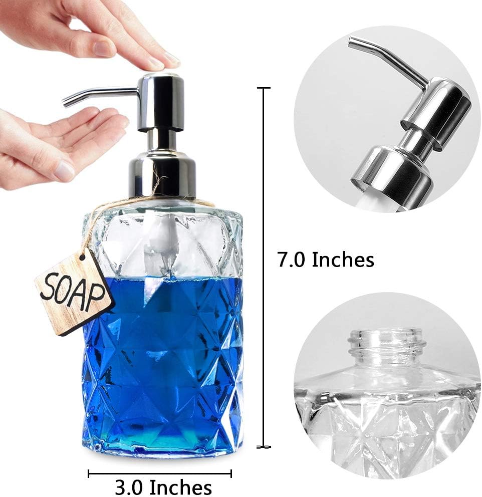 JASAI Diamond Design 12 Oz Glass Soap Dispenser with Rust Proof Pump