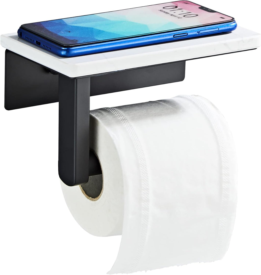 Matte Black Toilet Paper Holder with Marble-Look Shelf, Wall Mounted SUS304 Stainless Steel Toilet Roll Holder with Phone Storage