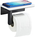 Matte Black Toilet Paper Holder with Marble-Look Shelf, Wall Mounted SUS304 Stainless Steel Toilet Roll Holder with Phone Storage