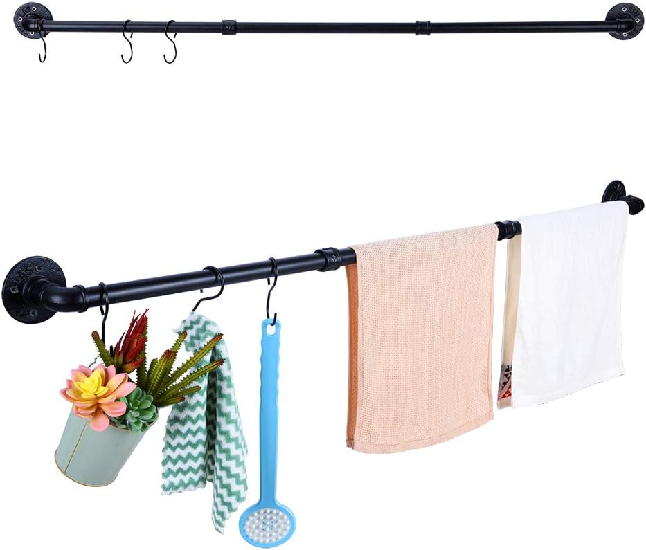 Industrial Pipe Towel Bar Rack, 50.4 Inch Black Towel Rod with 3 Hooks, Wall Mount Bath Towel Rack Holder, Rustic Bathroom Hardware Towel Bar Accessory
