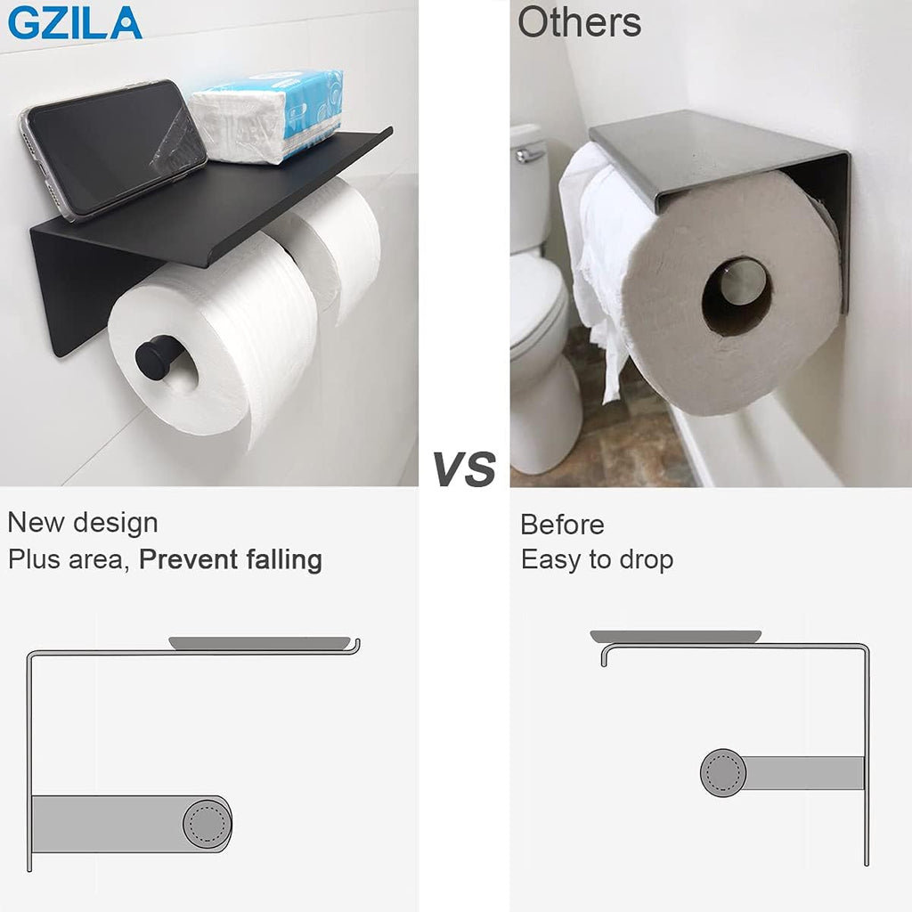 GZILA Double Toilet Paper Holder with Shelf Matte Black Wall Mounted, Dual Large Rolls Tissue Holder Multipurpose TP Dispenser, SUS 304 Stainless Steel