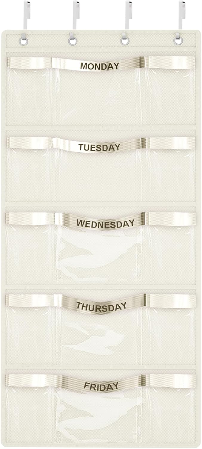 Weekly Hanging Closet Organizer for Kids,Day of Week Kids Clothes Organizer,School Clothing Storage Monday to Friday Hanging Closet Organizer Shelves for Bedroom,Bathroom,Dorm (Beige)