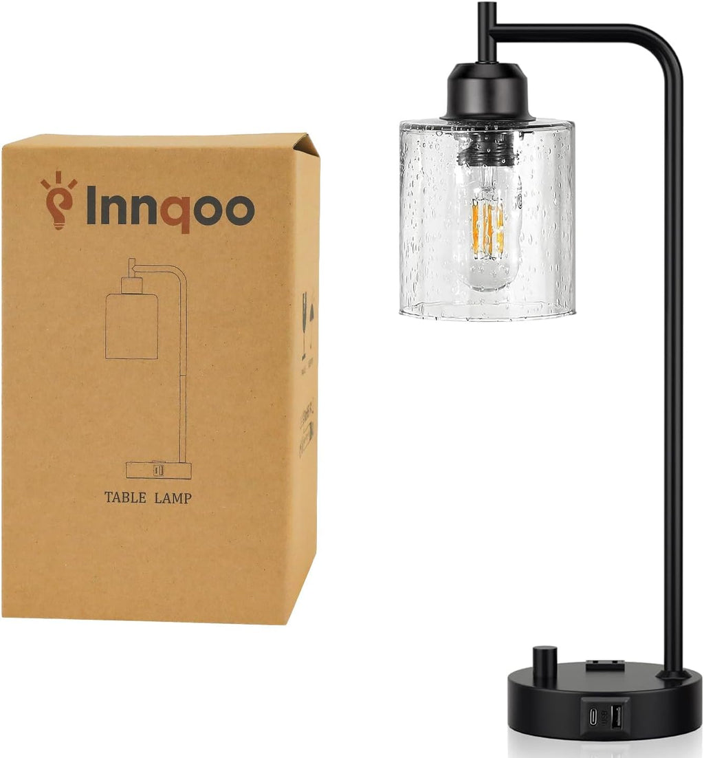Industrial Desk Lamp, Fully Dimmable Small Bedside Table Lamp, Black, USB C