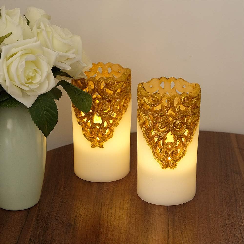 Gold Flameless LED Pillar Candles Battery Operated with 5H Timer