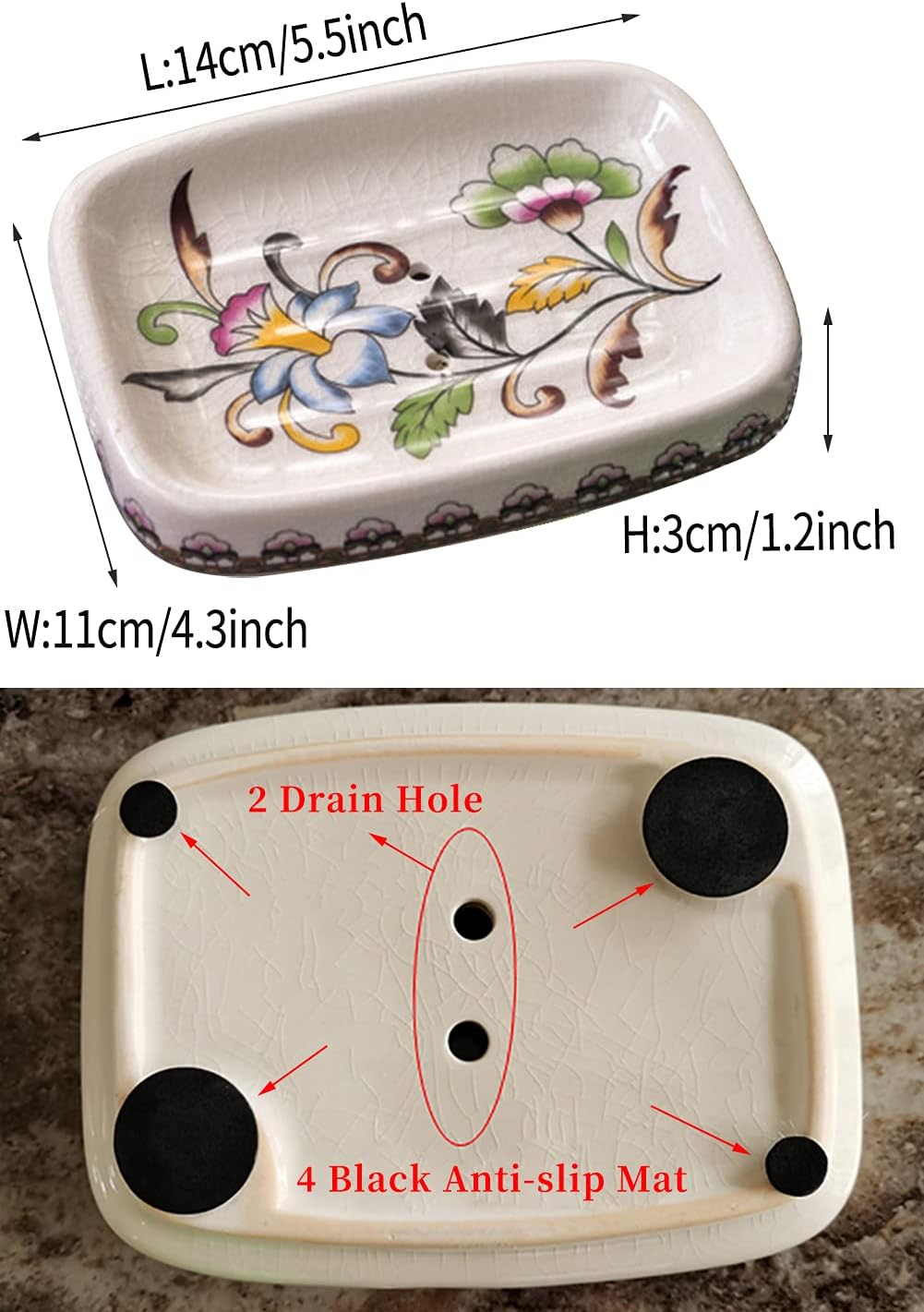 Kelake Ceramic Soap Dish Creative Ice Crack Ceramic Clorful Flower Pattern Soap Dish Holder for Bathroom and Shower Soap Tray Box with Drain Gift for Mum Family