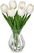 Oairse Artificial Tulips Flowers Floral Arrangement - 6 Stems Faux Flowers with Clear Glass Vase with Faux Water 12.5" White Fake Tulips Bouquet Centerpiece for Table Living Room Home Office Decor