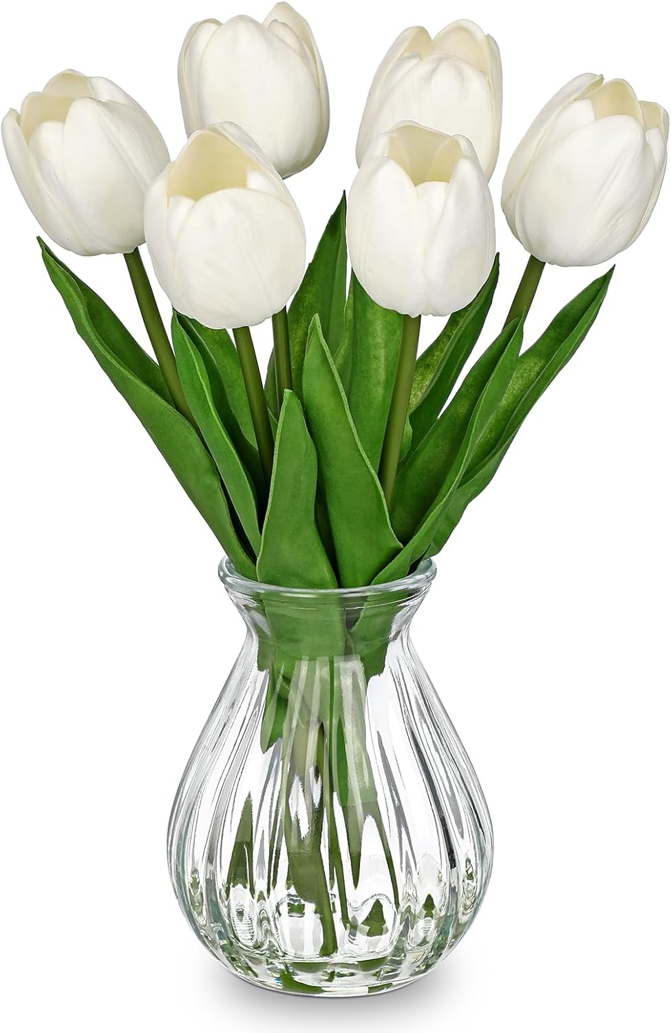 Oairse Artificial Tulips Flowers Floral Arrangement - 6 Stems Faux Flowers with Clear Glass Vase with Faux Water 12.5" White Fake Tulips Bouquet Centerpiece for Table Living Room Home Office Decor