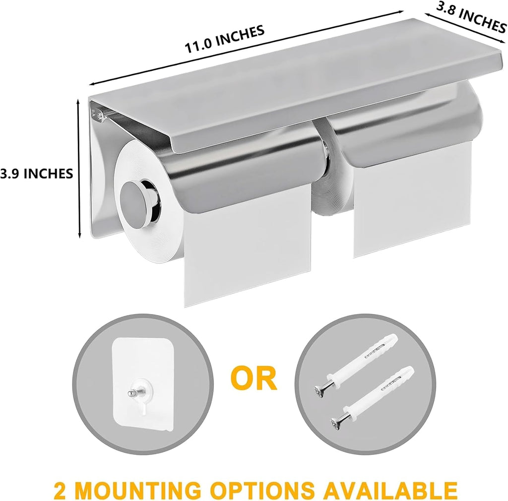 Double Toilet Paper Holder with Phone Storage Shelf Polished Chrome