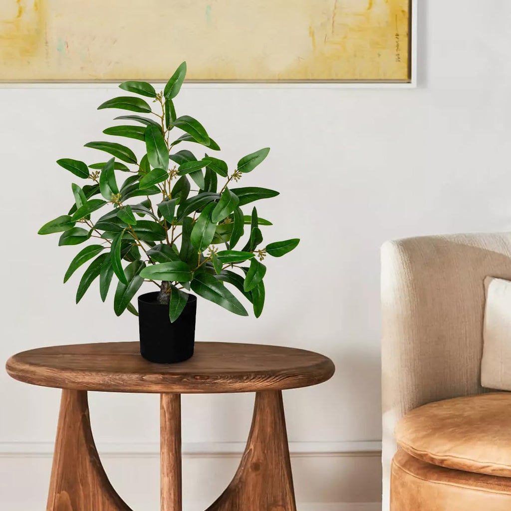 Artificial Plants Indoor with Pot, 19.7" Fake Potted Plants Eucalyptus Leaves, Silk Plant for Home Decor Indoor Plants Artificial for Home Office Bedroom Farmhouse Entry Table Shelf Decor, Deep Green