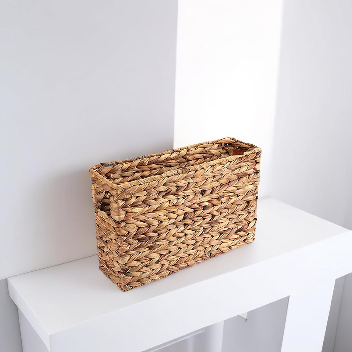 Yesland Hand-Woven Narrow Water Hyacinth Holder Wicker Basket, 15.5 x 5.5 x 9.75 Inch Decorative Magazine Storage Basket Bin for Home, Office, Desk (Pack of 2)