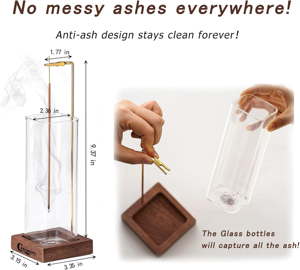 Ceremony Incense Holder, Wooden Incense Burner with Glass Ash Catcher (Transprent Square, One Glass)