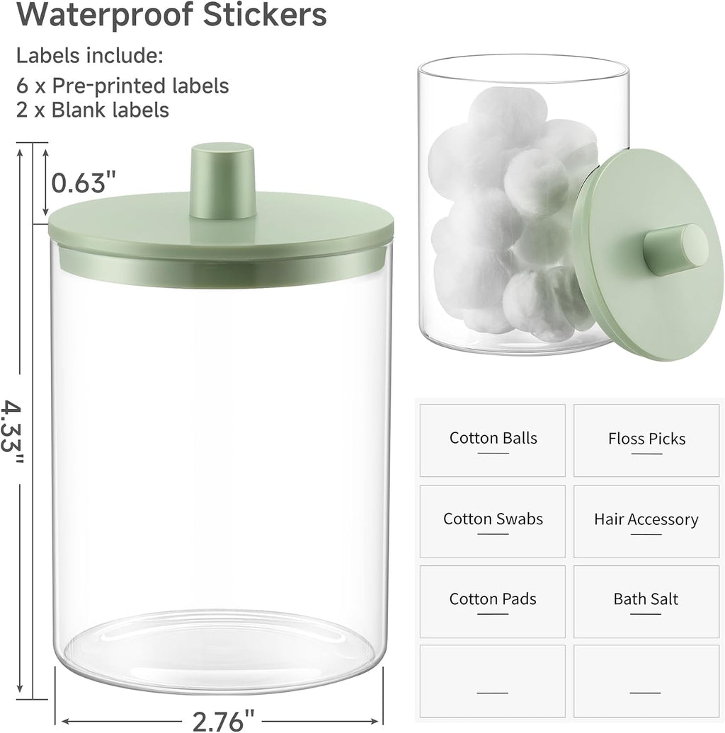 3 Pack Glass Qtip Holder Dispenser- 10 oz Clear Canister Apothecary Jar, Bathroom Vanity Storage Organizer Set for Cotton Swabs, Pads, Floss Picks, Small Containers for Makeup Storage (Green)