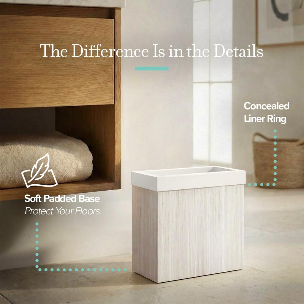 Gatco Small Bathroom Trash Can with Lid, Rectangle 3 Gallon Wastebasket, Under Sink, White Oak with Matte White, for Bathroom, Bedroom, Office (1943W)