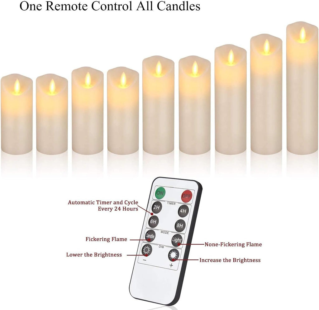 antizer Flameless Candles Set of 9 Ivory Dripless Real Wax Pillars Include Realistic Dancing LED Flames and 10-Key Remote Control with 24-Hour Timer Function 400+ Hours By 2 AA Batteries