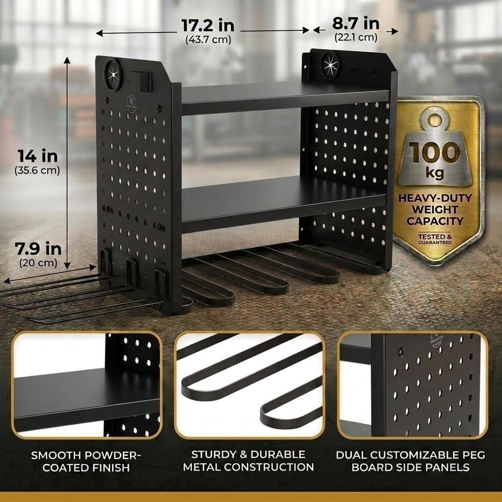 BUILTSTRONG Power Tool Organizer Wall Mount – 3-Tier Heavy-Duty Steel Rack, 6 Drill Slots, Dual Pegboard Sides, Side-by-Side Modular, 100 lb Capacity – Garage & Workshop (Black)