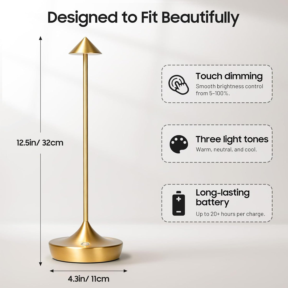 Cordless LED Table Lamp, Rechargeable, 3 Color Dimmable, Gold