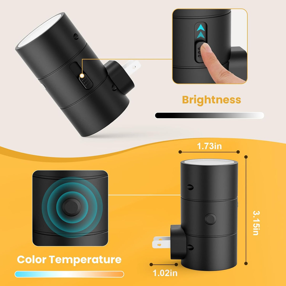 VOLISUN Night Lights Plug into Wall, Dimmable LED Nightlight with Dusk to Dawn Light Sensor, 0-100LM Adjustable Brightness, 3 Color Temperatures, Compact Size Black 4 Pack for Hallway,Bedroom,Bathroom