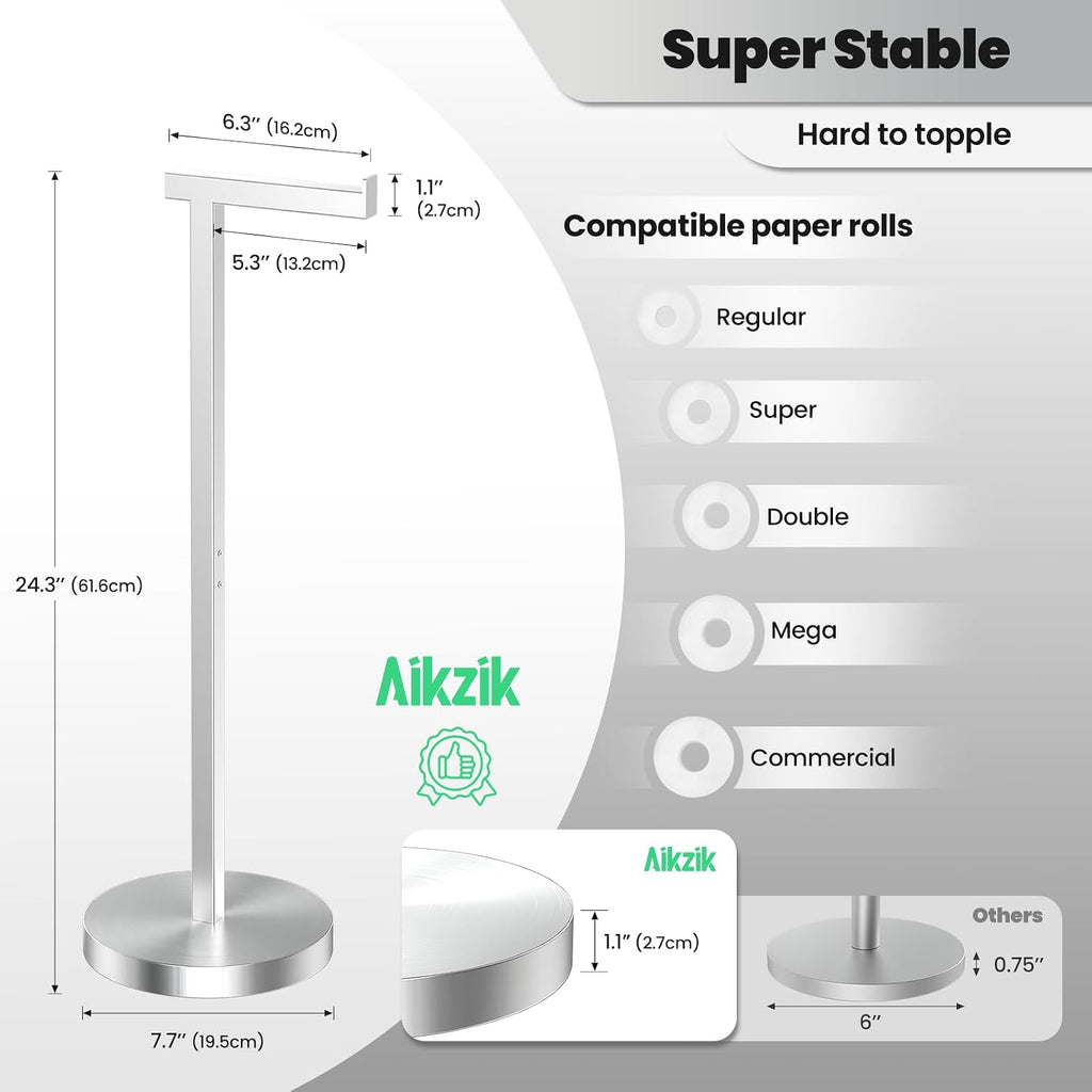 Aikzik Heavy Duty Toilet Paper Holder Stand Extra-Weighted Base, Stainless Steel Free Standing Toilet Paper Holder No Tipping, Bathroom Toilet Tissue Holder Stand Silver