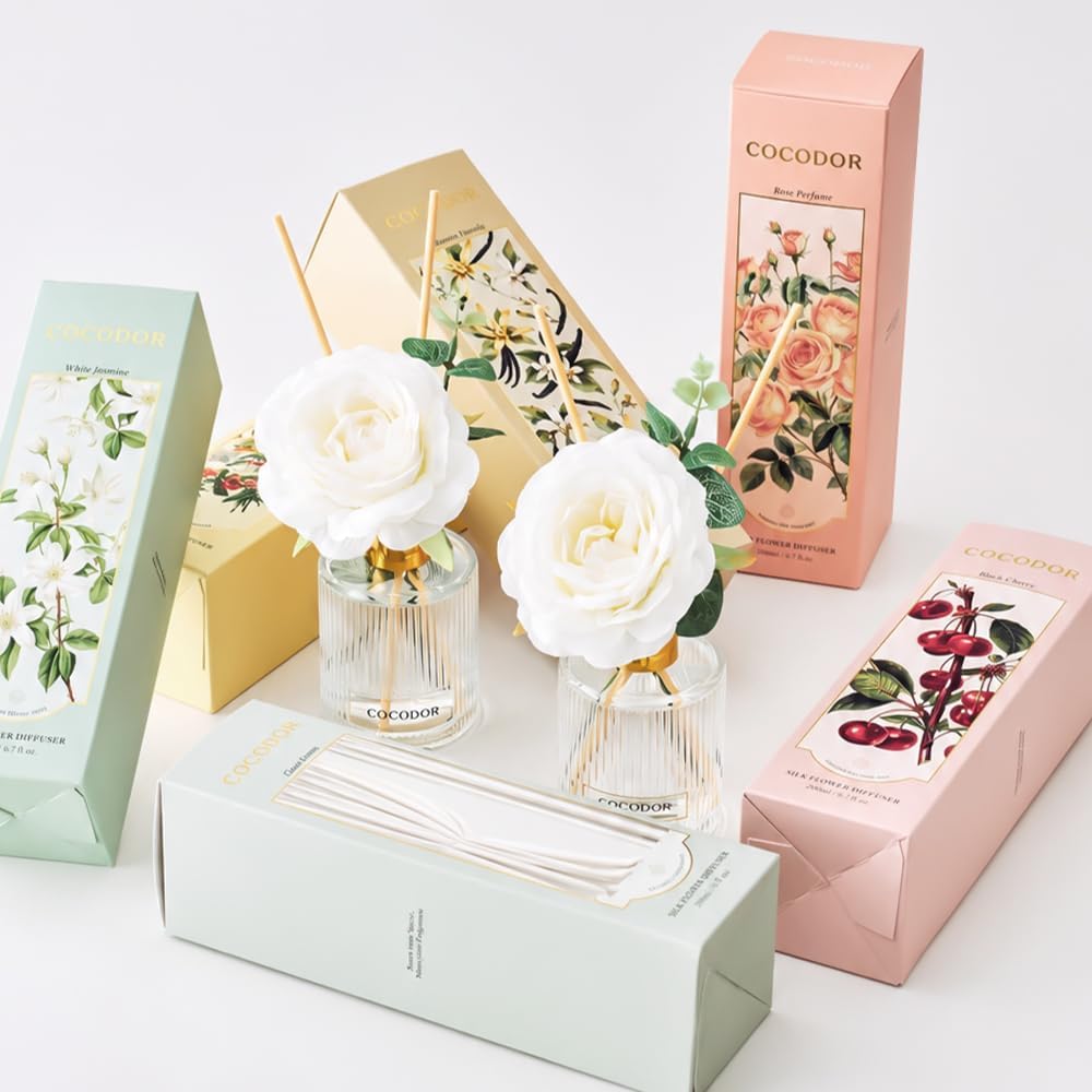 COCODOR Silk Flower Reed Diffuser Set, White Jasmine, 6.7 oz, Home Décor