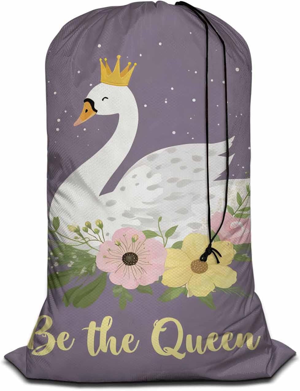 Swono Swan Dining Toy Storage Heavy Duty Basket Laundry Bag with Drawstring White Dreaming Swan Princess with Crown Be The Queen Floral Folding Organizer for Travel Washing Machine, Purple