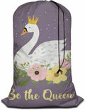 Swono Swan Dining Toy Storage Heavy Duty Basket Laundry Bag with Drawstring White Dreaming Swan Princess with Crown Be The Queen Floral Folding Organizer for Travel Washing Machine, Purple