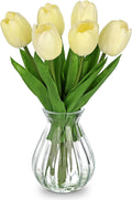 Oairse Fake Tulip Flowers Artificial in Glass Vase with Faux Water Real Touch Foam Tulip Arrangement Suitable for Dining Table Centerpiece Wedding Home Office Decoration (Cream Yellow)