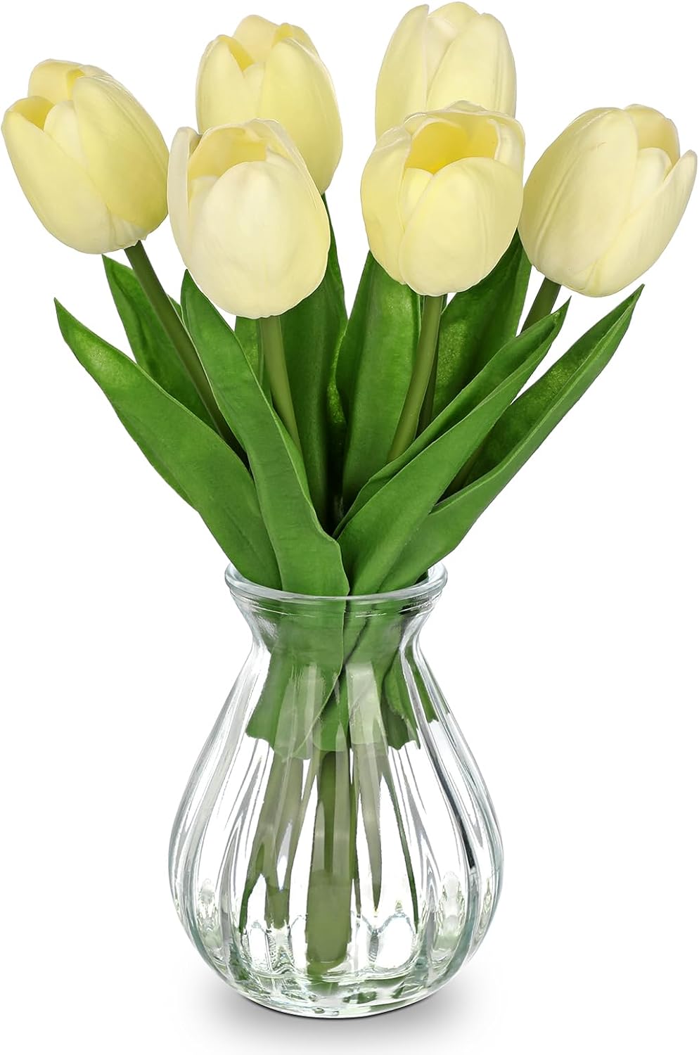 Oairse Fake Tulip Flowers Artificial in Glass Vase with Faux Water Real Touch Foam Tulip Arrangement Suitable for Dining Table Centerpiece Wedding Home Office Decoration (Cream Yellow)