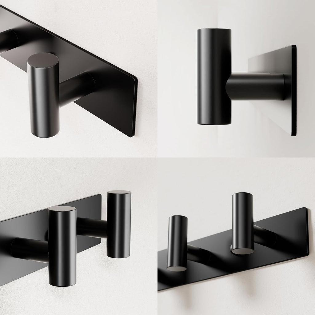 Black Wall Mounted Coat Rack – 5 T-Shaped Hooks on 16.5" Rail, (1 Pack)