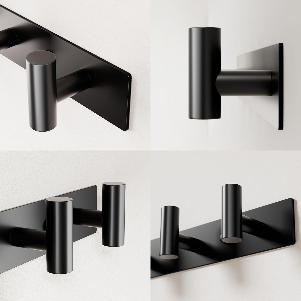 Black Wall Mounted Coat Rack – 5 T-Shaped Hooks on 16.5" Rail, (1 Pack)