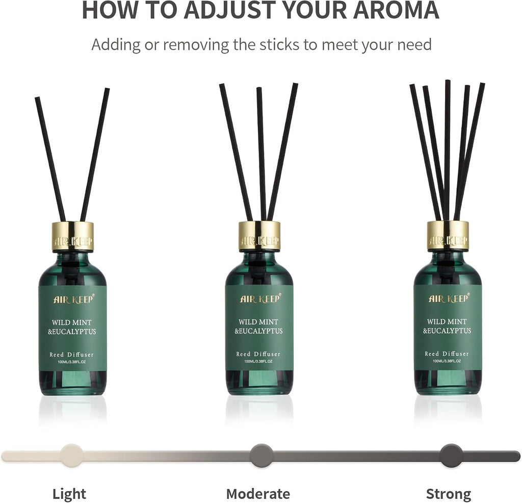 Airkeep Reed Diffuser Set, 3.38 fl oz (100 ml) - Wild Mint&Eucalyptus Oil Diffusers with 8 Reed Sticks, Home Fragrance Reed Diffuser for Bathroom Shelf Decor