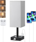 Grey Touch Table Lamp for Bedroom - Dimmable, USB C+A, 2 AC Outlets