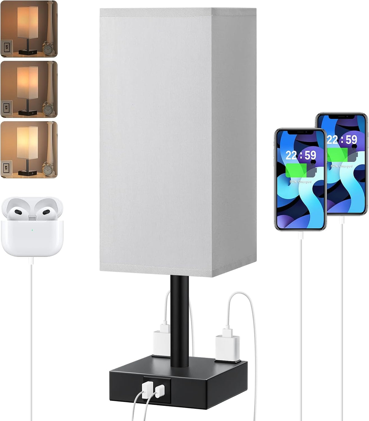 Grey Touch Table Lamp for Bedroom - Dimmable, USB C+A, 2 AC Outlets