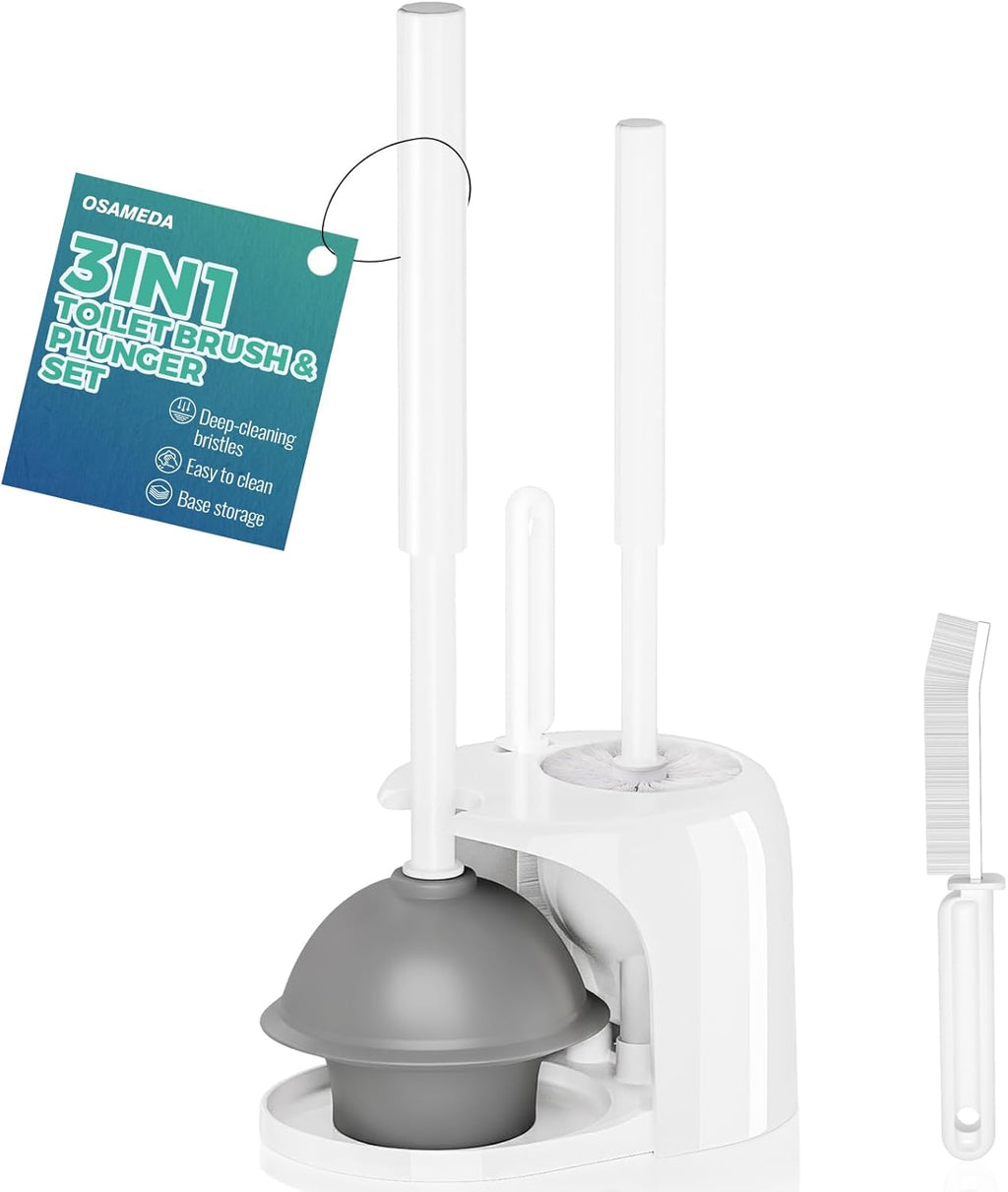 3in1 Toilet Brush and Plunger Set with Slim Crevice Tool and Holder